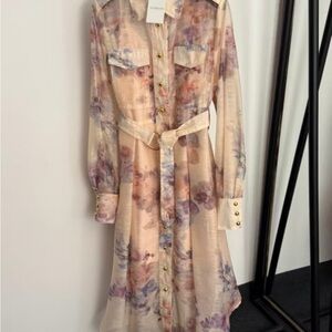 Zimmermann Cream Shirt Dress with Purple Floral Print